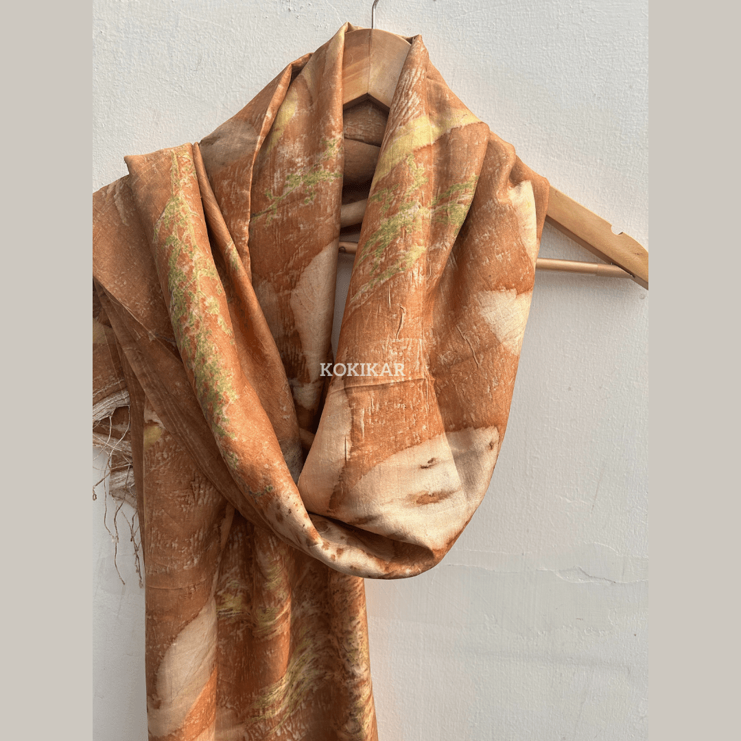 Coral Carnation Pure Silk Scarf – Naturally Dyed & Ecoprinted – Womens Scarf on Brown Living™. SKU: CO-SCARF-001. Img 7.