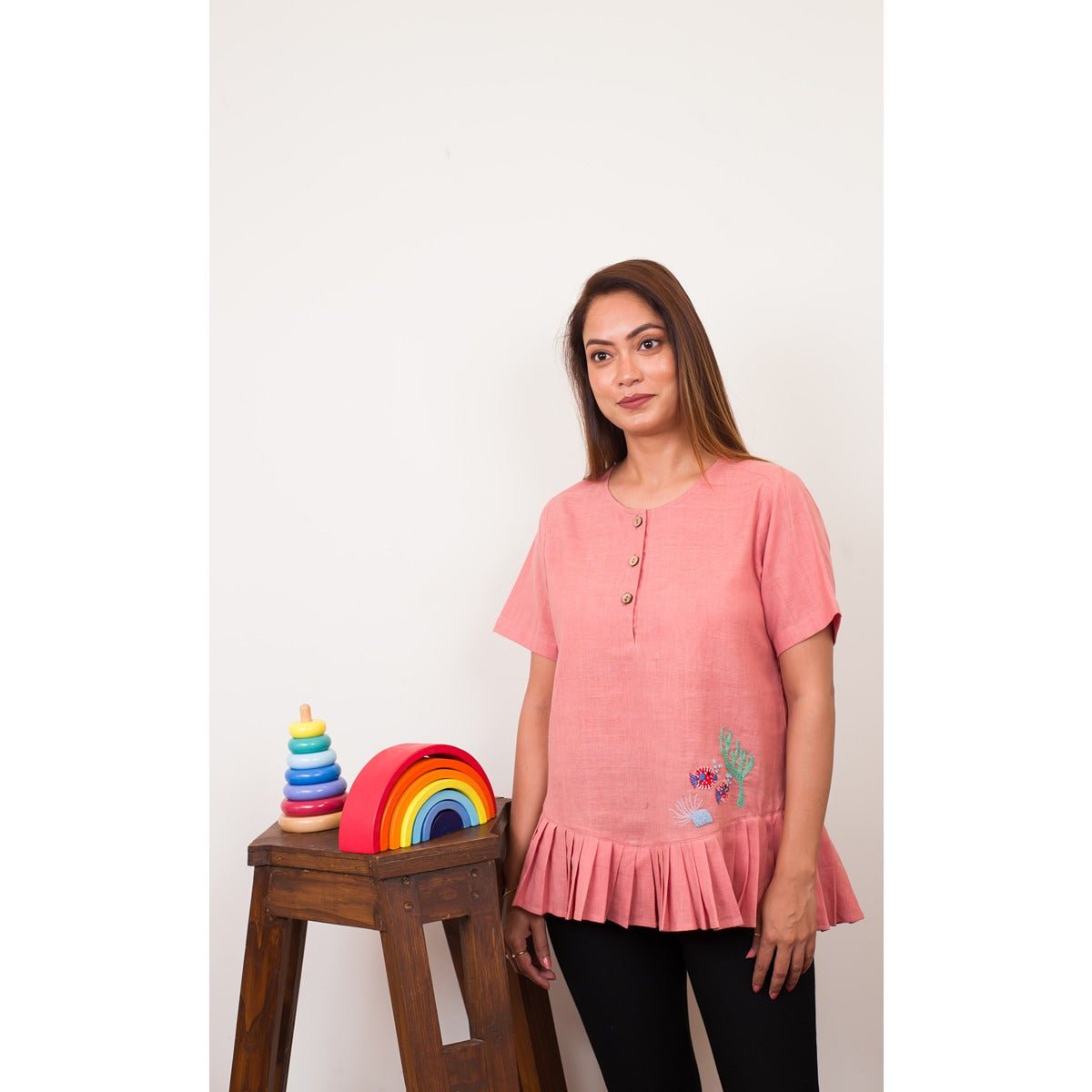 Cosy Coral Frill Top | Cotton Maternity Top for Women | Pastel Pink – Womens Maternity Wear on Brown Living™. SKU: MCBL126. Img 1.