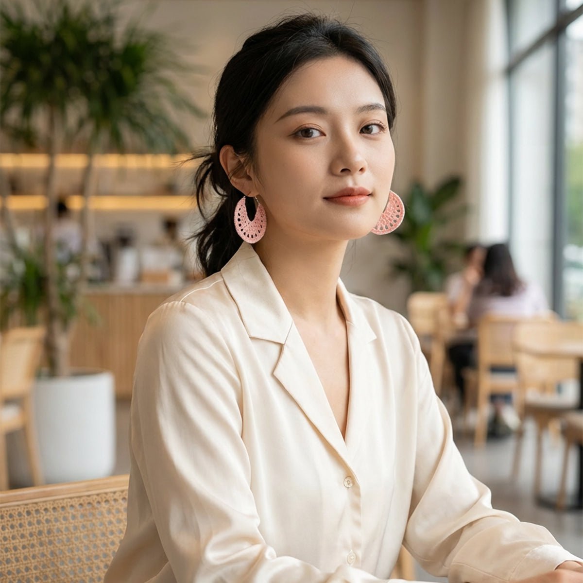 Cotton Candy Earrings | Hand Crochet Pink Hoop Earrings – Jewellery on Brown Living™. SKU: AM-EAR-CottonCandy. Img 4.