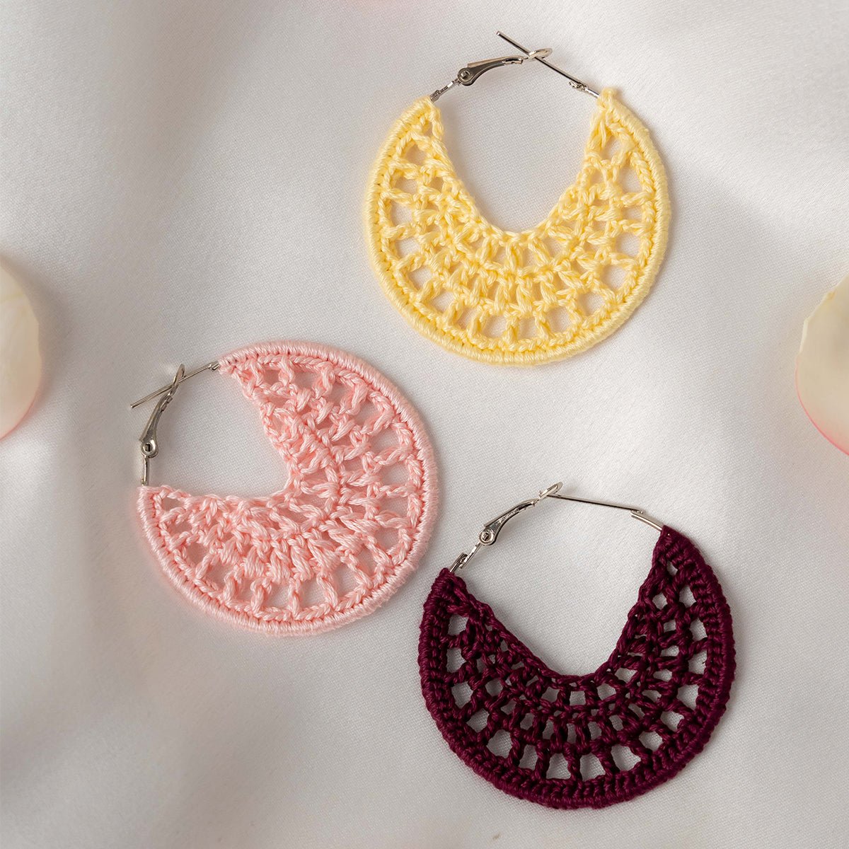 Cotton Candy Earrings | Hand Crochet Pink Hoop Earrings – Jewellery on Brown Living™. SKU: AM-EAR-CottonCandy. Img 5.