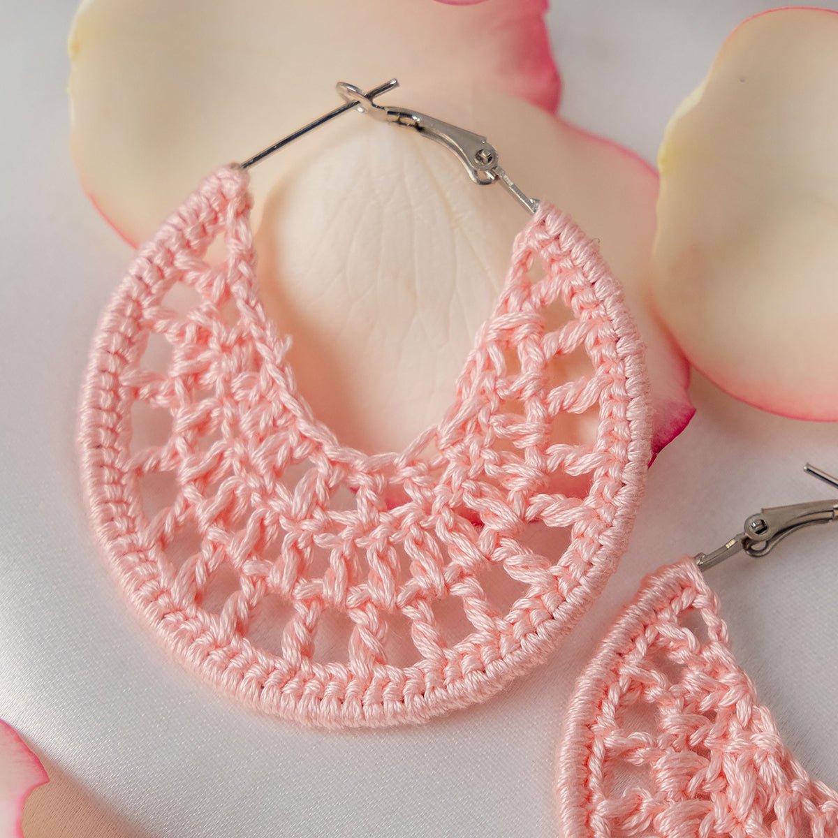 Cotton Candy Earrings | Hand Crochet Pink Hoop Earrings – Jewellery on Brown Living™. SKU: AM-EAR-CottonCandy. Img 2.