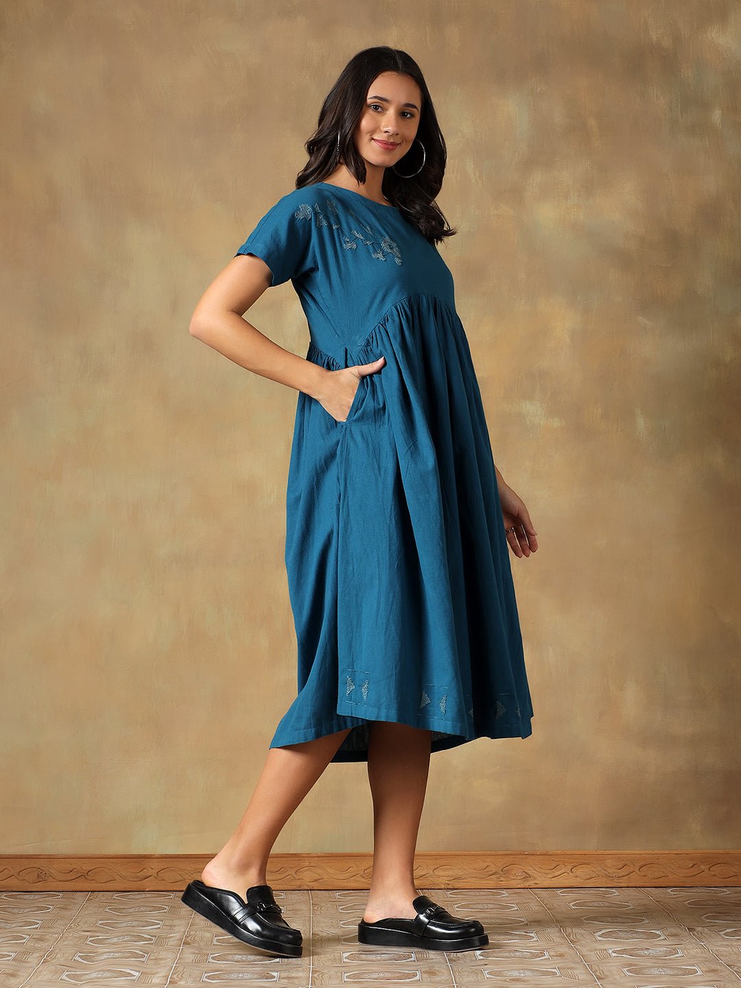 Cotton Chikankari Maxi Dress | Hand Embroidered Lucknowi Dress – Womens Dress on Brown Living™. SKU: IHTCD02ST. Img 1.