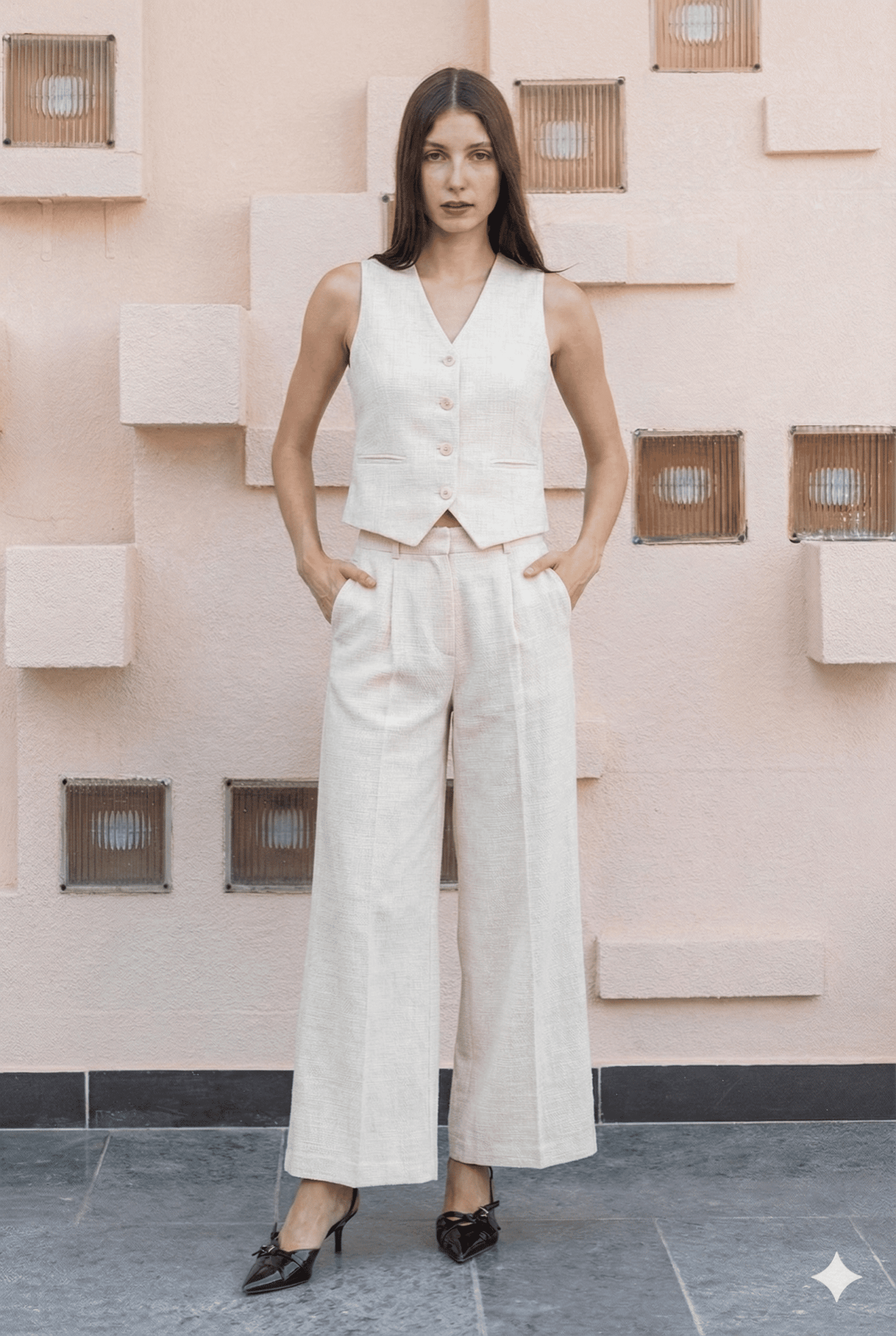 Cotton Co - Ord Set | Sleeveless V - Neck Vest & Straight - Leg Trousers – Womens Co - Ord Sets on Brown Living™. SKU: BL_HOA93. Img 1.