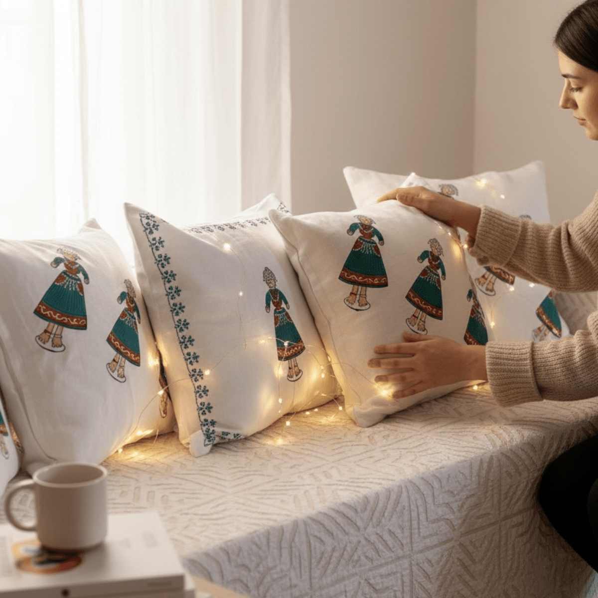 Cotton Cushion Cover - Traditional Doll Print - Set of 4 – Covers & Inserts on Brown Living™. SKU: CUSDOLLGREEN444. Img 11.