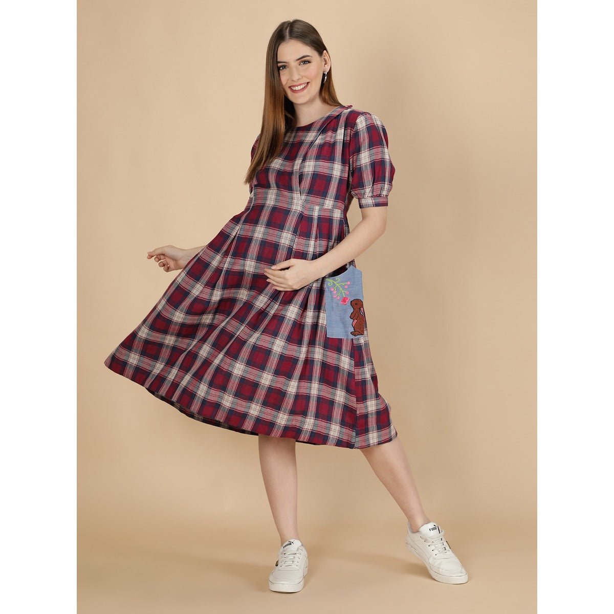 Cotton Maternity Dress for Women | Dusky Pink & Blue – Womens Maternity Wear on Brown Living™. SKU: MCBL162. Img 1.