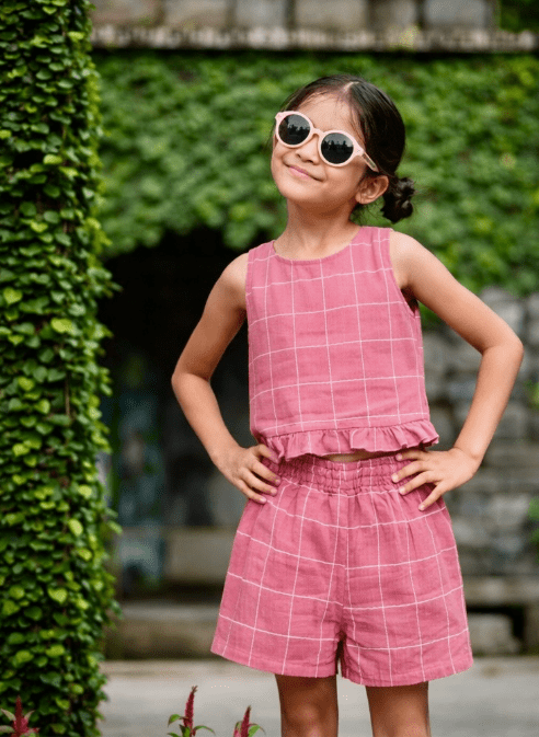Cotton Pink Checkered Top & Shorts Set Regular Fit for Girls – Kids Daywear Sets on Brown Living™. SKU: PG158_1. Img 1.