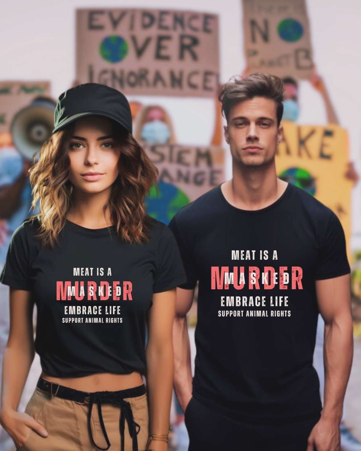 Cotton Unisex T-Shirt | Relaxed Fit Graphic Tee – Mens T-Shirt on Brown Living™. SKU: meat-is-a-masked-murder-unisex-Black-S. Img 1.