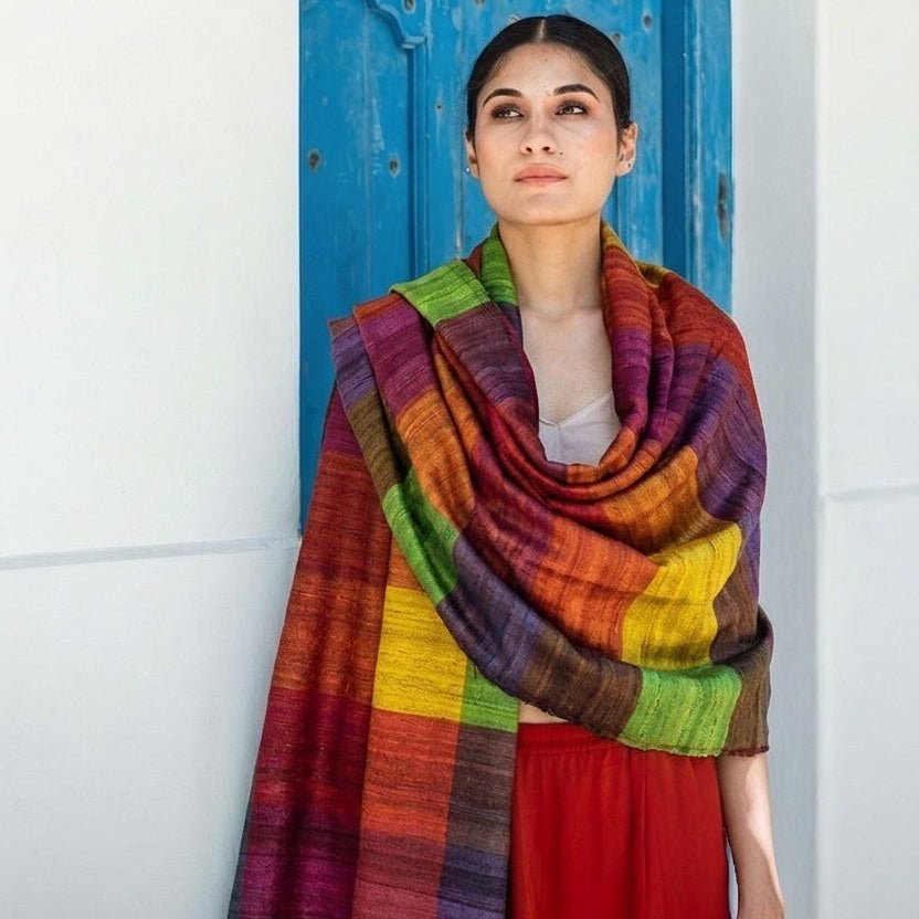 Crimson Red Madras Checks Tussar Peace Silk Scarf – Womens Scarf on Brown Living™. SKU: NAESA107. Img 1.
