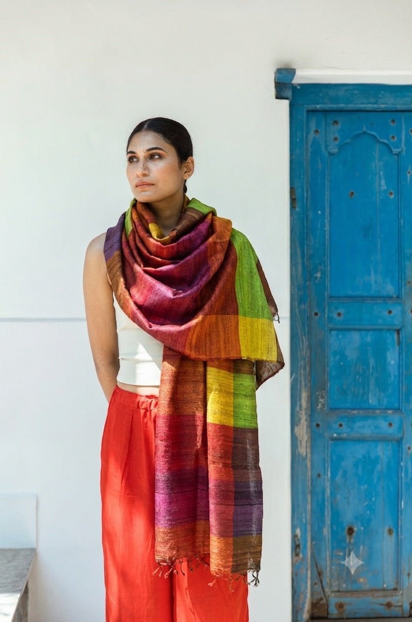 Crimson Red Madras Checks Tussar Peace Silk Scarf – Womens Scarf on Brown Living™. SKU: NAESA107. Img 2.