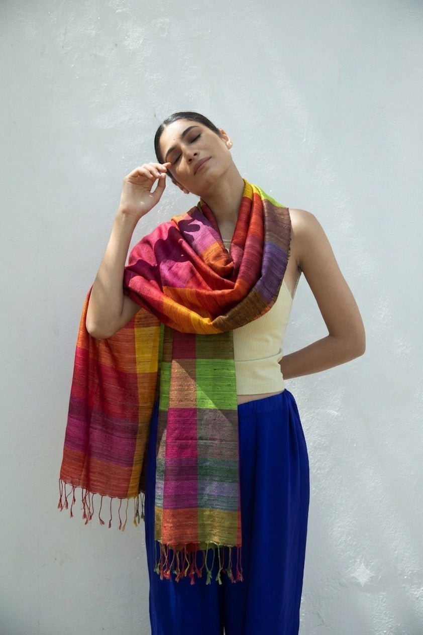 Crimson Red Madras Checks Tussar Peace Silk Scarf – Womens Scarf on Brown Living™. SKU: NAESA107. Img 4.