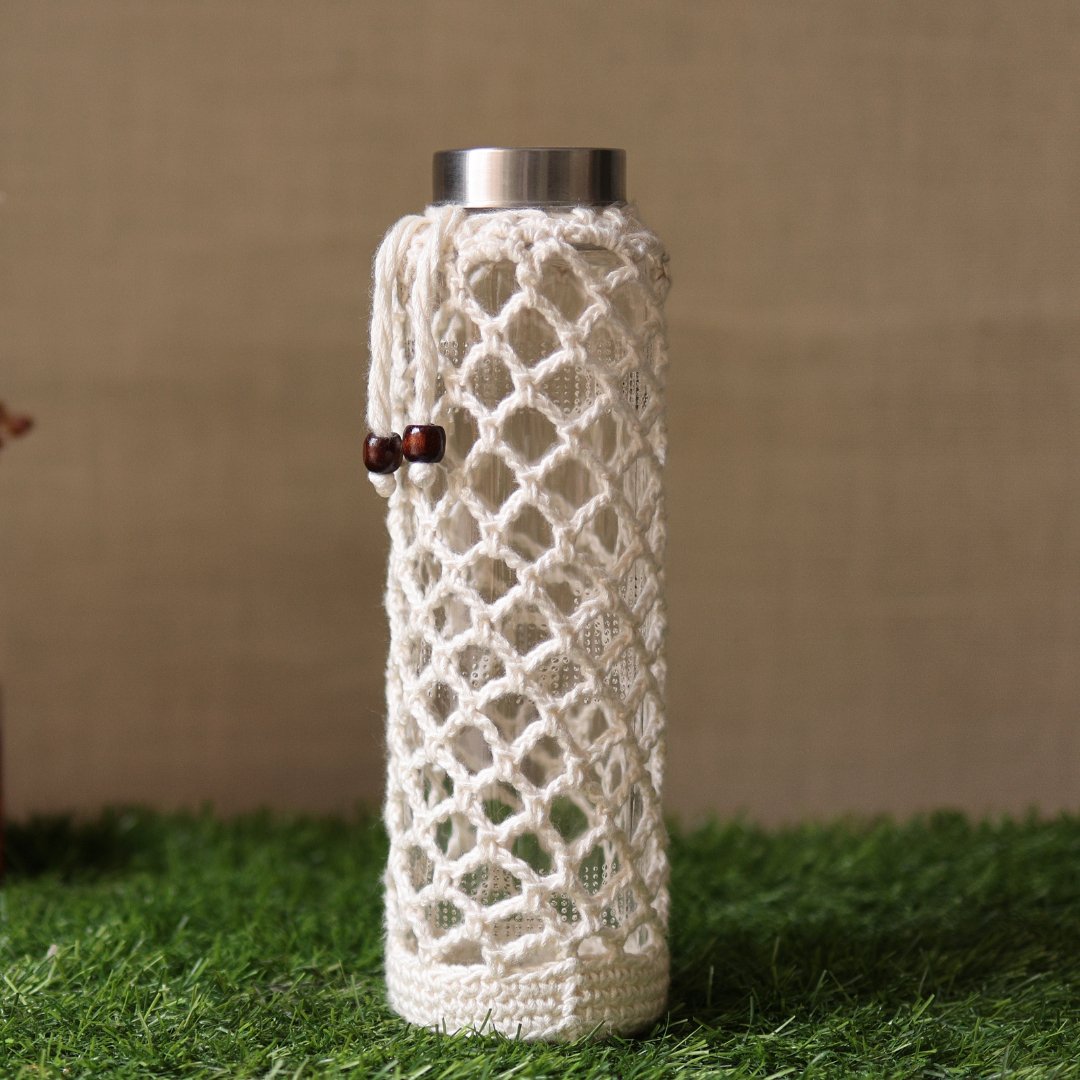 Crochet Web White Handmade Bottle Cover – Bottles & Sippers on Brown Living™. SKU: SAR115. Img 1.
