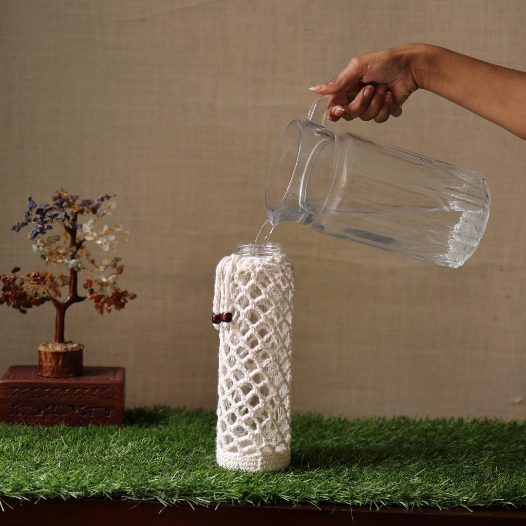 Crochet Web White Handmade Bottle Cover – Bottles & Sippers on Brown Living™. SKU: SAR115. Img 2.