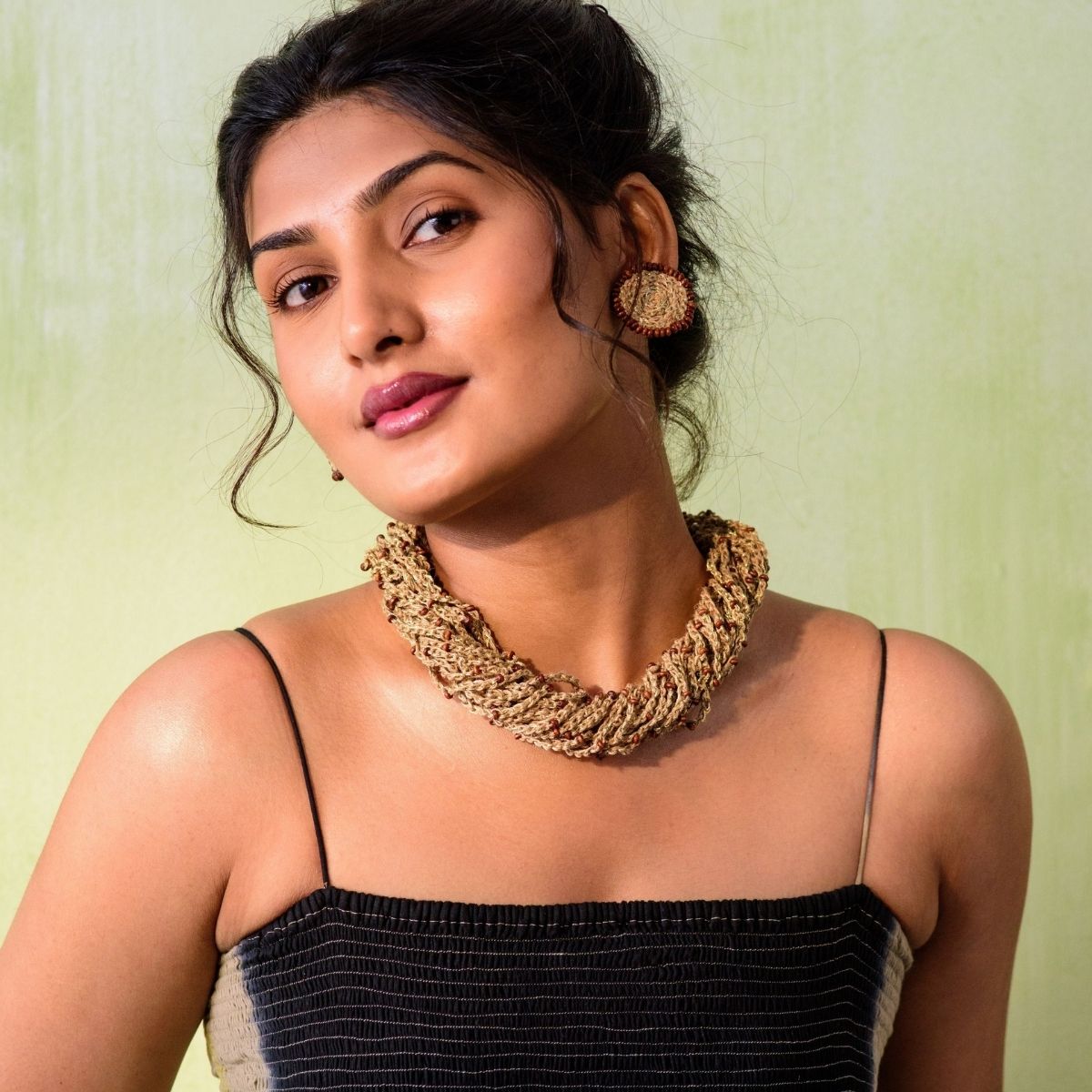 Crocheted Jute and Wooden Bead Multi Strand Necklace Earrings Set – Womens Earrings on Brown Living™. SKU: JCC032. Img 1.