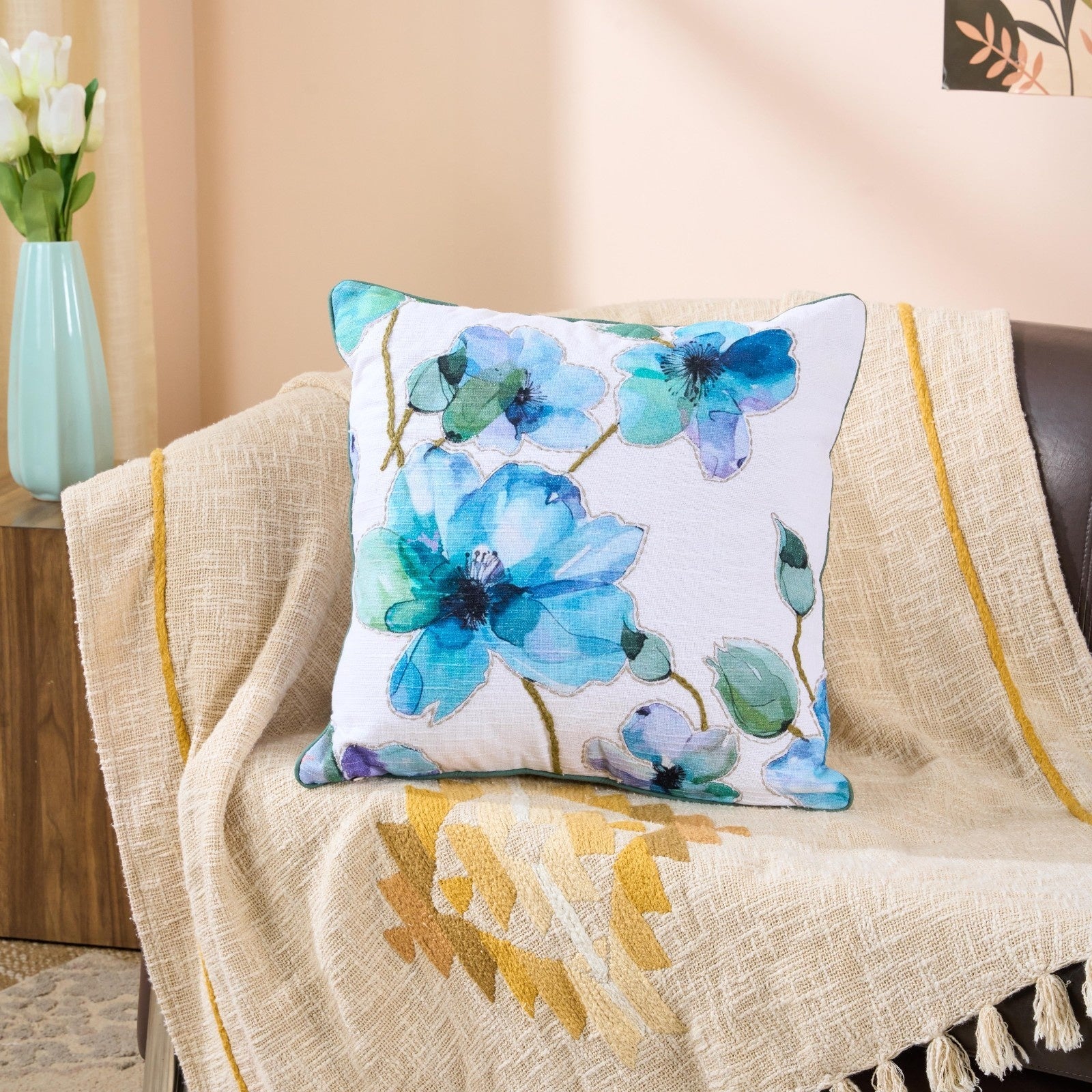 Dahlia Blue Cotton Cushion | Floral Decorative Accent Cushion – Pillow on Brown Living™. SKU: TEE-25711. Img 1.