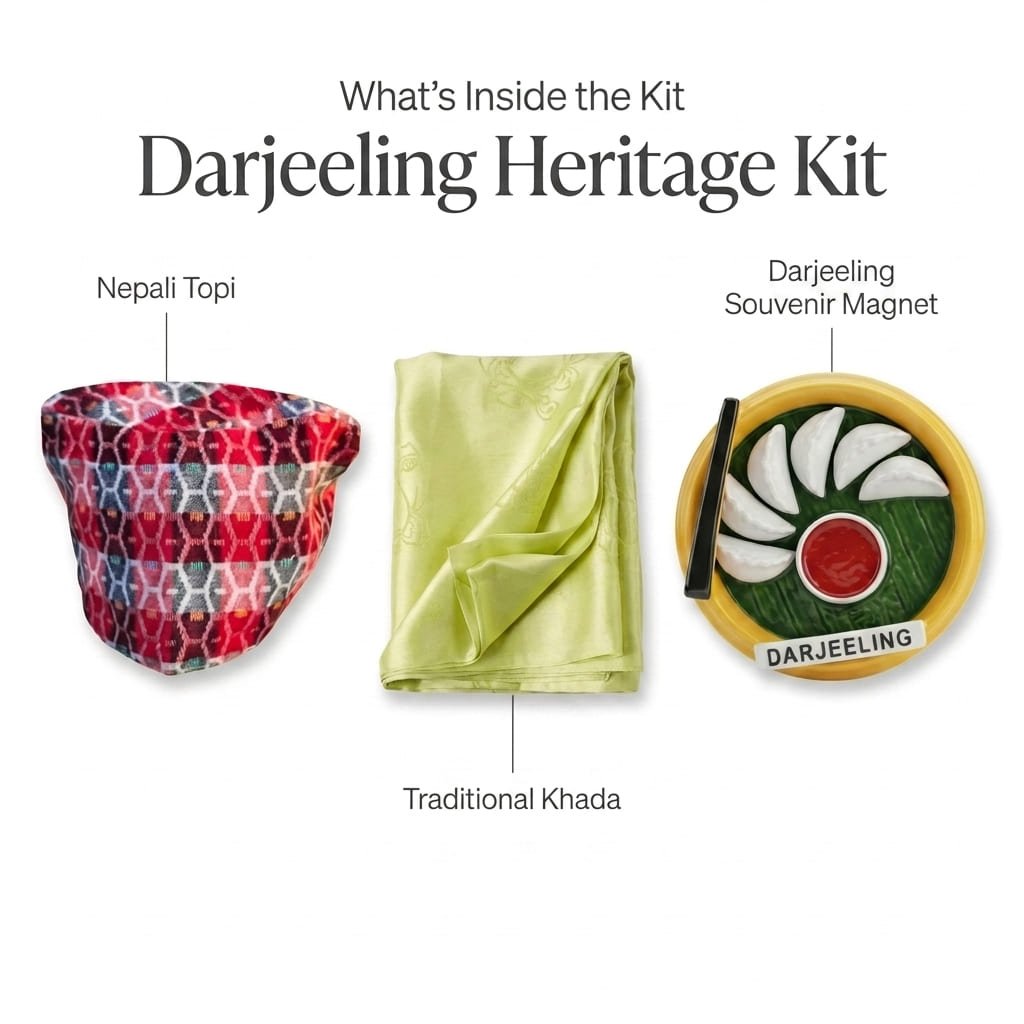 Darjeeling Heritage Gift Kit Nepali Topi Khada Set – Gift on Brown Living™. SKU: DOS-DHK-01. Img 2.