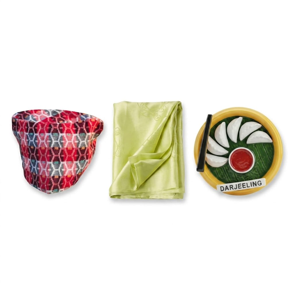 Darjeeling Heritage Gift Kit Nepali Topi Khada Set – Gift on Brown Living™. SKU: DOS-DHK-01. Img 1.