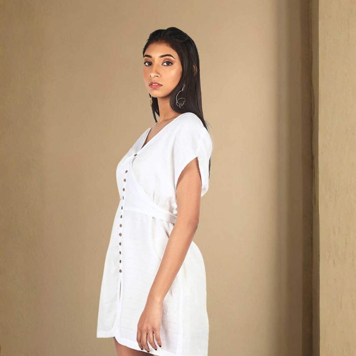 Daydream White Tencel Dress For Women | Soft & Breathable – Womens Dress on Brown Living™. SKU: JDS2009XS. Img 3.