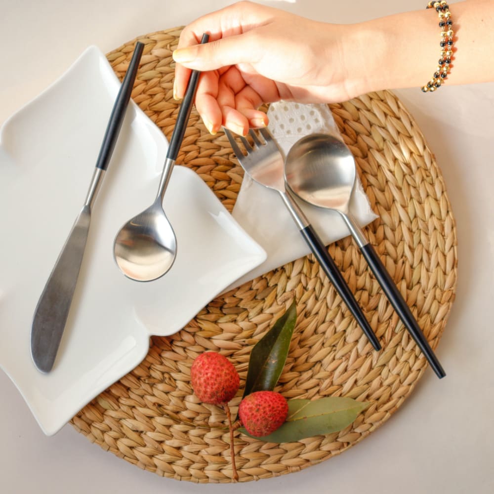 Designer Steel Cutlery – Cutlery Kit by ONEarth available on Brown Living™. Grey & Black . SKU: OEP313a. Img 6.
