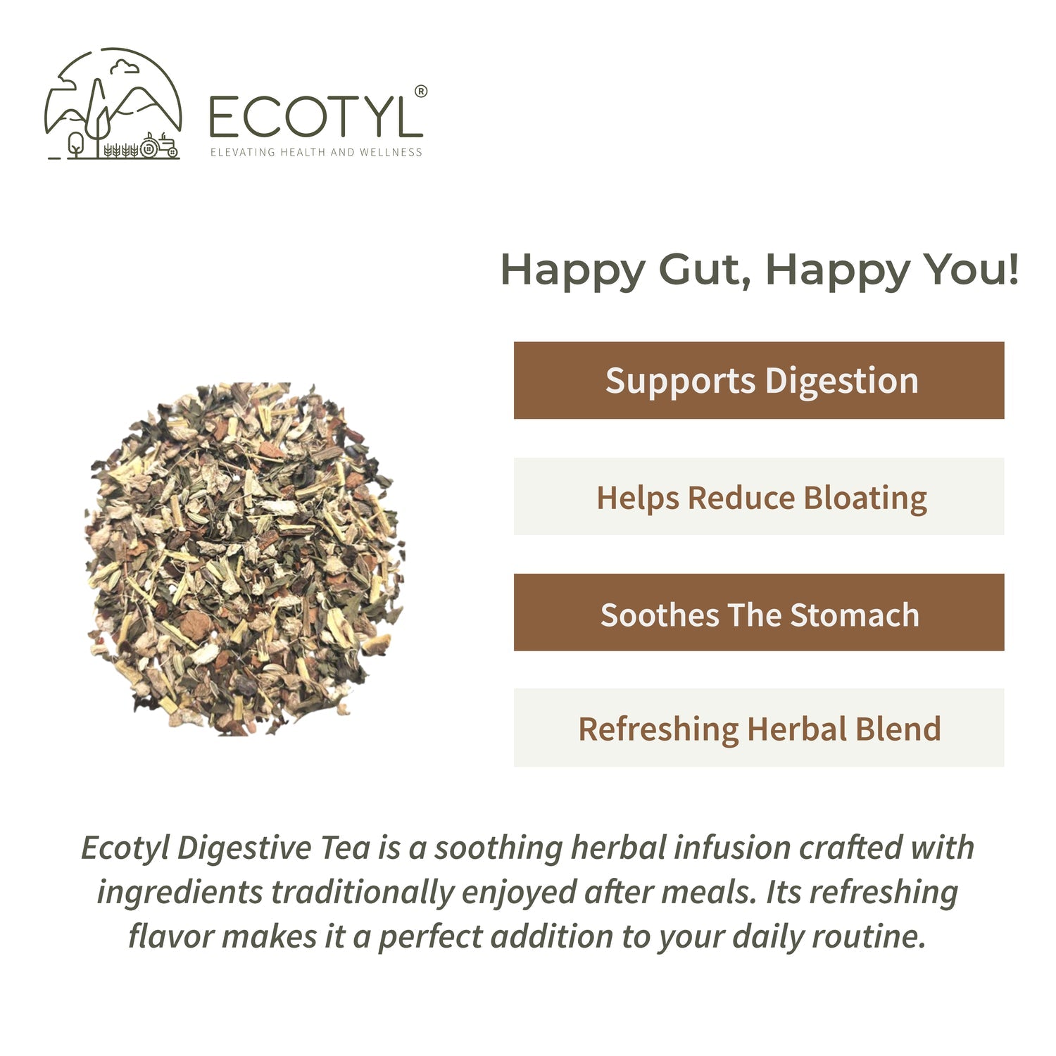 Digestive Tea | Gut Health | Herbal Tea | 60g – Tea on Brown Living™. SKU: ECOTYL00062. Img 3.