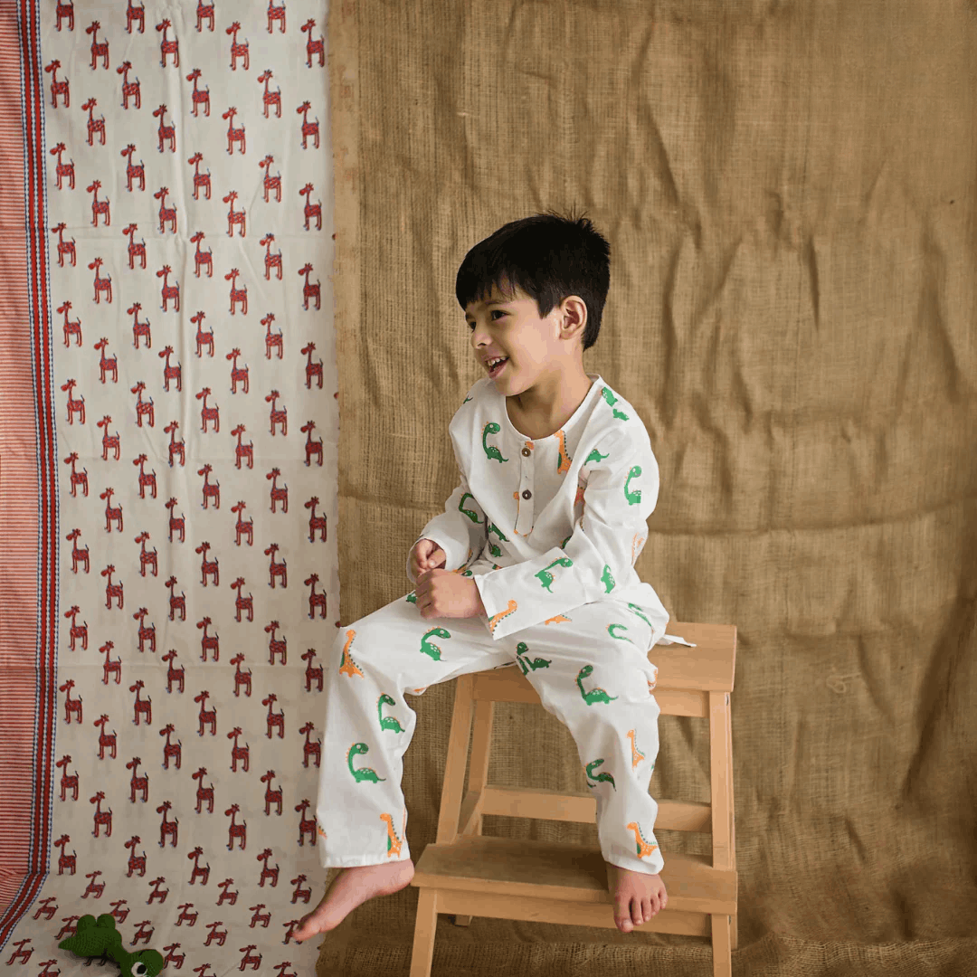 Dino Friends - Unisex Kids Cotton Nightwear – Kids Pyjamas on Brown Living™. SKU: MITHNW-039-1. Img 1.