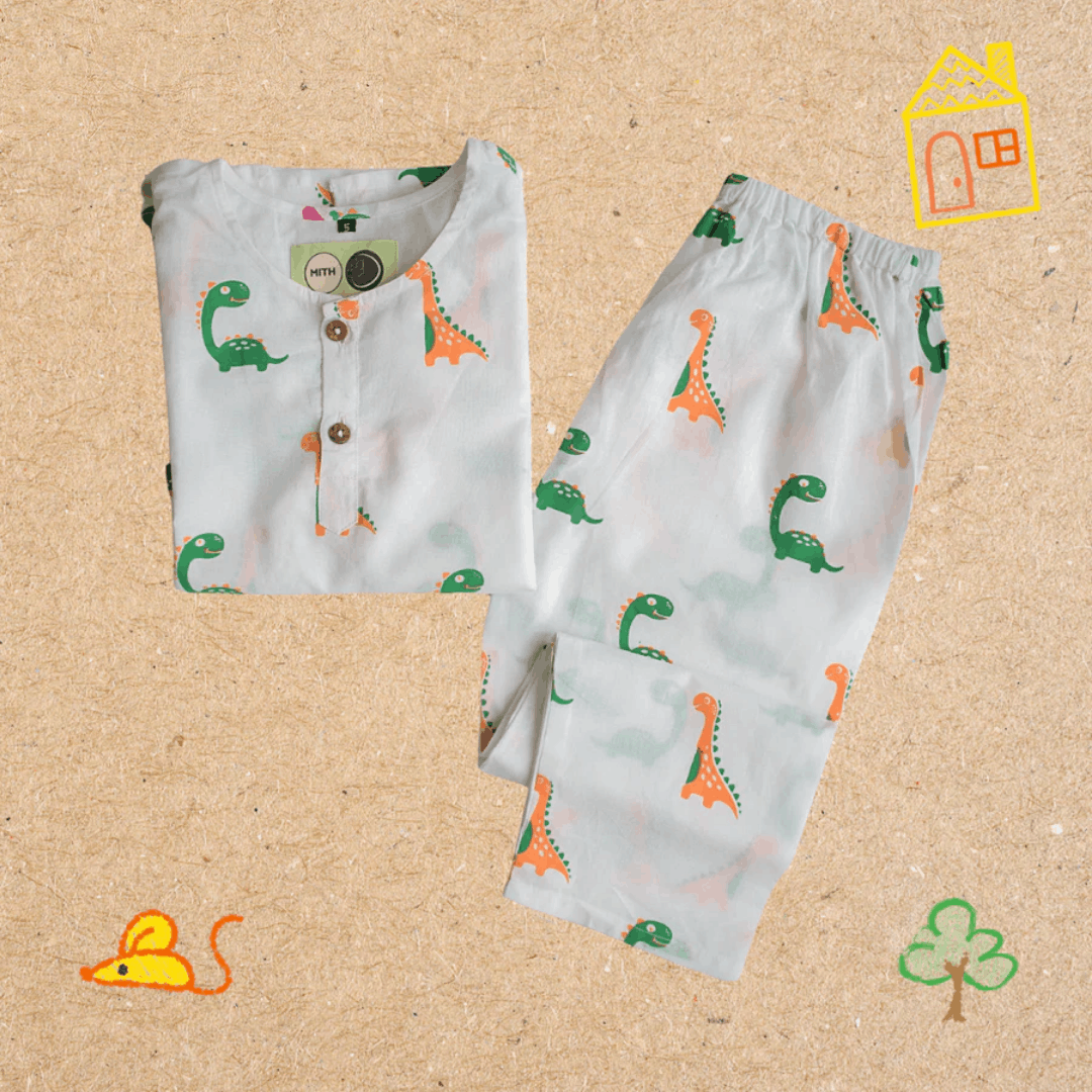 Dino Friends - Unisex Kids Cotton Nightwear – Kids Pyjamas on Brown Living™. SKU: MITHNW-039-1. Img 2.