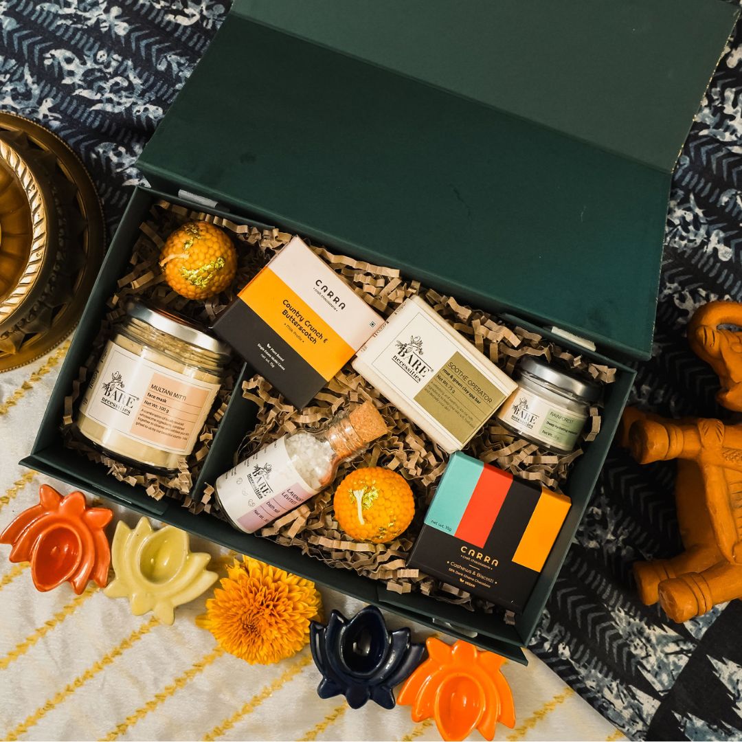 Diwali Gift Hamper with Skincare, Ladoo Candles & Chocolate – Gift Hampers on Brown Living™. SKU: BNWD010-2. Img 1.