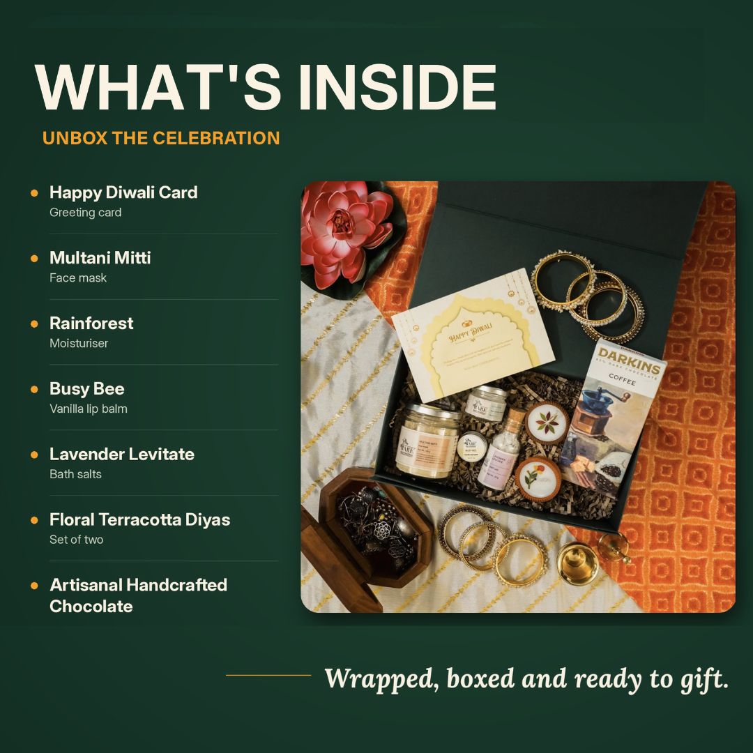 Diwali Gift Hamper with Skincare, Terracotta Diyas & Chocolate – Gift Hampers on Brown Living™. SKU: BNWD09-2. Img 2.