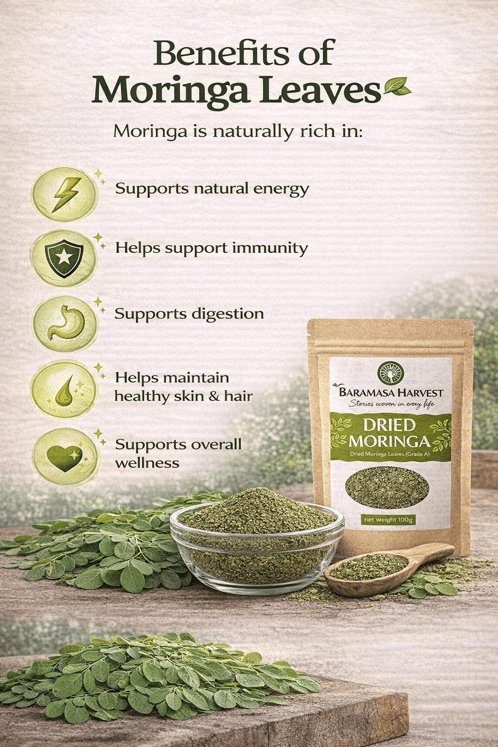 Dried Moringa Leaves | Natural Herbal Tea & Culinary Ingredient – Tea on Brown Living™. SKU: BH-MOR-100G. Img 6.