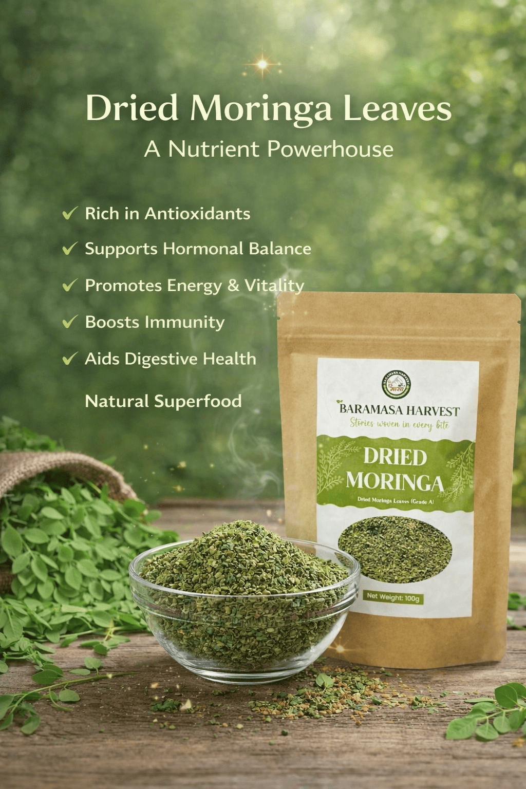 Dried Moringa Leaves | Natural Herbal Tea & Culinary Ingredient – Tea on Brown Living™. SKU: BH-MOR-100G. Img 2.