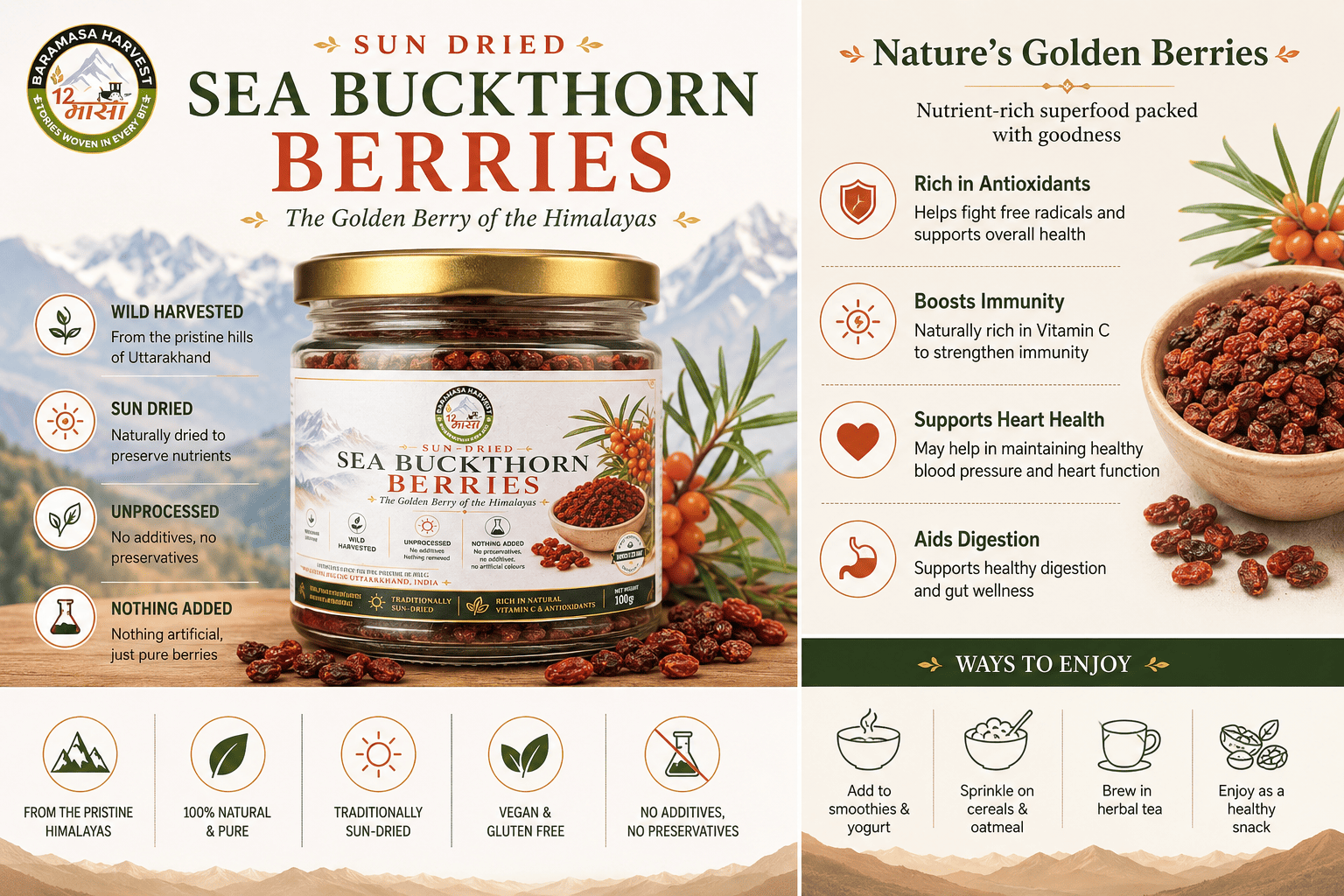 Dried Seabuckthorn Berries | Natural Himalayan Berry – Snack Foods on Brown Living™. SKU: BH-SB-100G. Img 5.