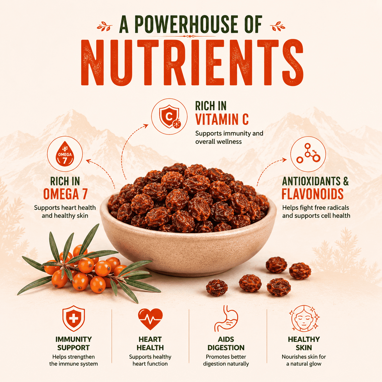 Dried Seabuckthorn Berries | Natural Himalayan Berry – Snack Foods on Brown Living™. SKU: BH-SB-100G. Img 3.