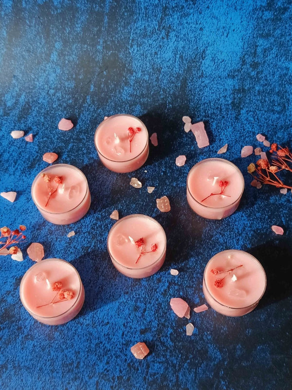 Dry flowers & Crystal Tealight- Set of 6 (Rose Quartz) | Verified Sustainable Candles & Fragrances on Brown Living™