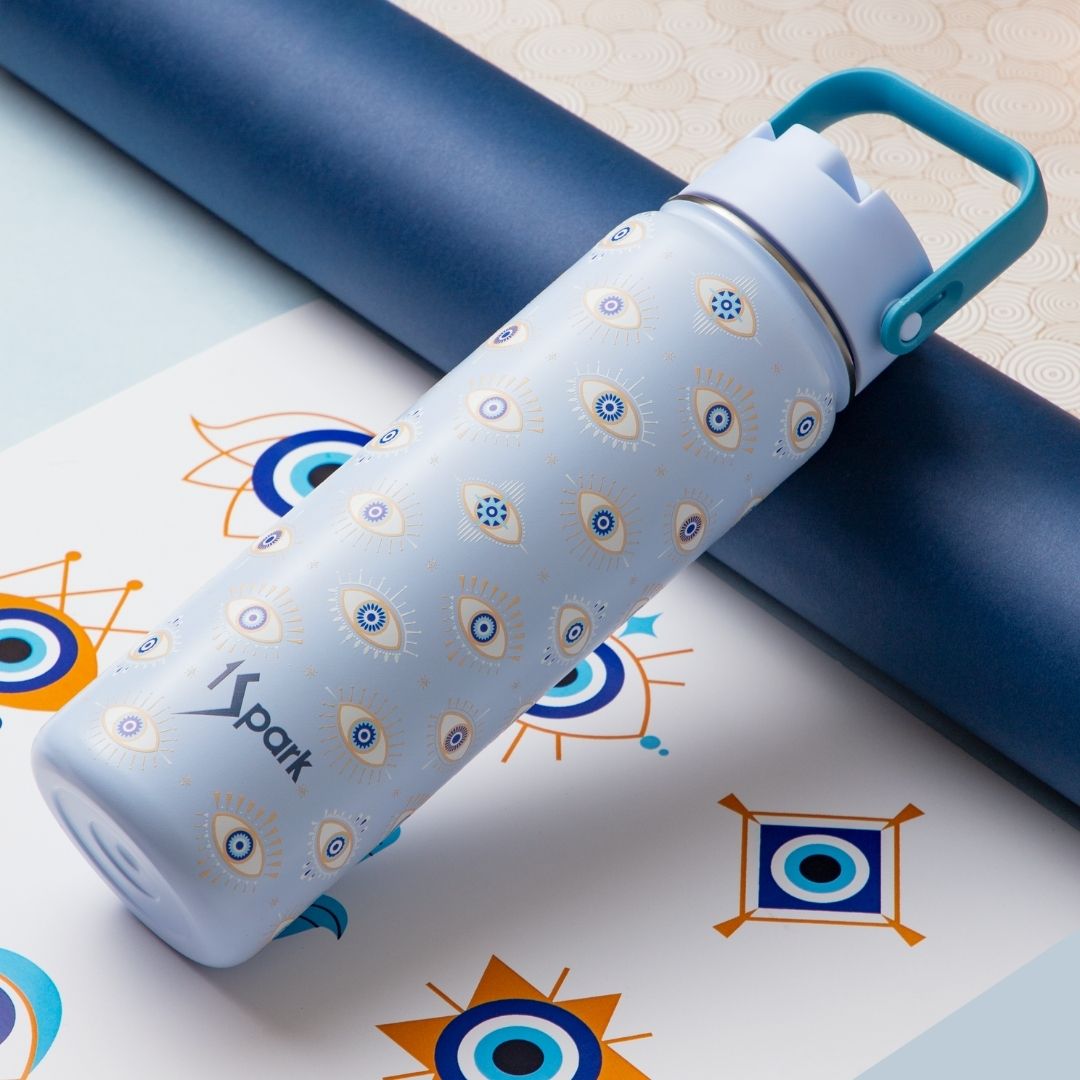 Dual Lid Insulated Bottle | Evil Eye Design – Bottles & Sippers on Brown Living™. SKU: EYE-750. Img 1.