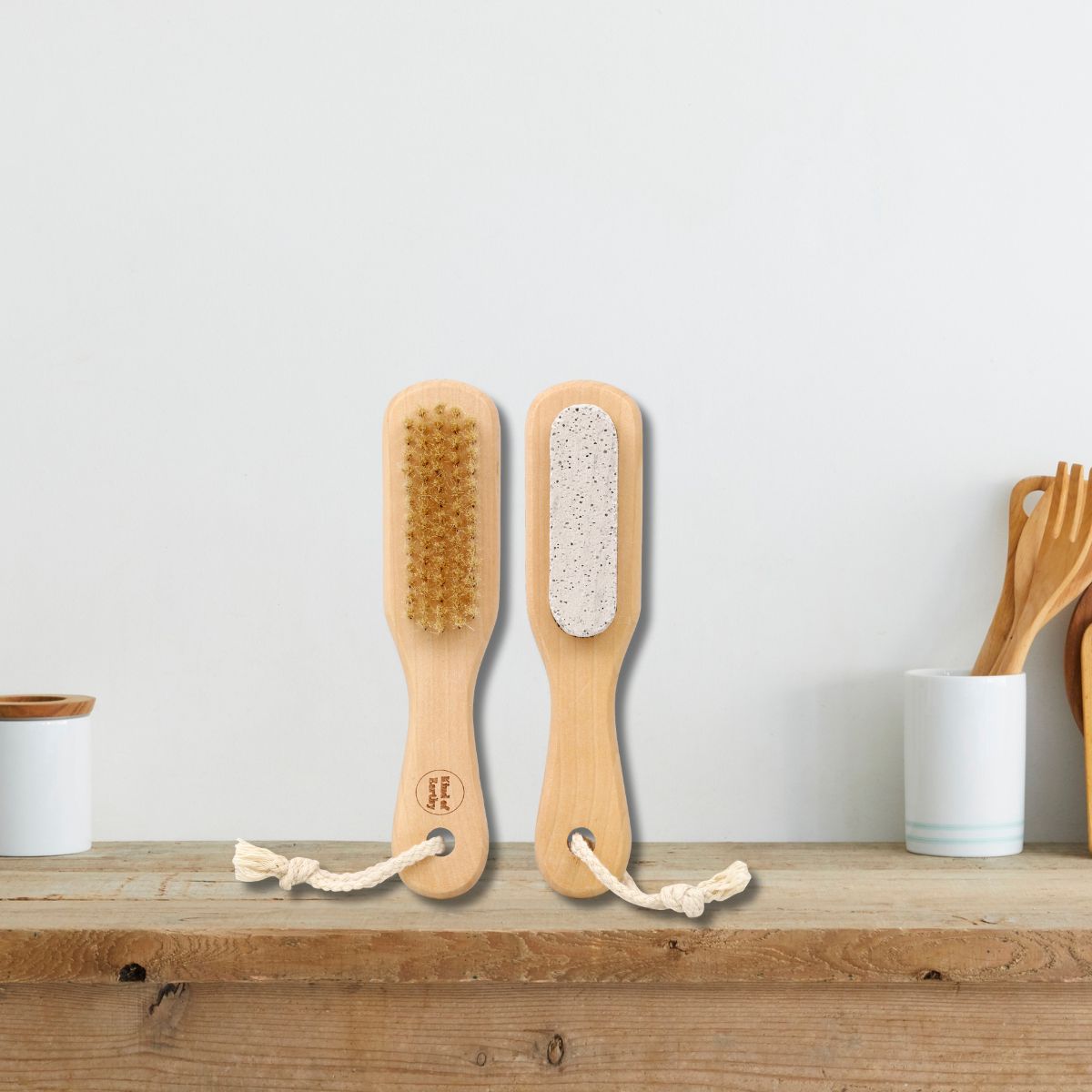 Dual - Side Wooden Foot Brush with Natural Pumice Stone | Scrub & Brush – Foot Care on Brown Living™. SKU: KOE020-DPS. Img 5.
