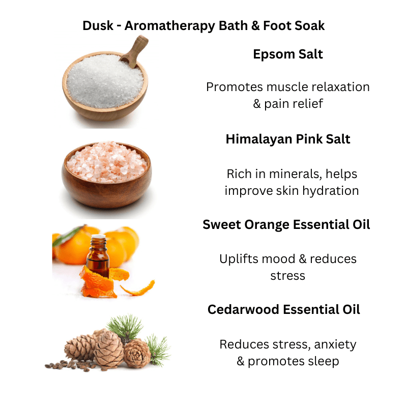 Dusk Aromatherapy Bath & Foot Soak – Sweet Orange & Cedarwood – Bath Salt on Brown Living™. SKU: BBSDSK. Img 3.