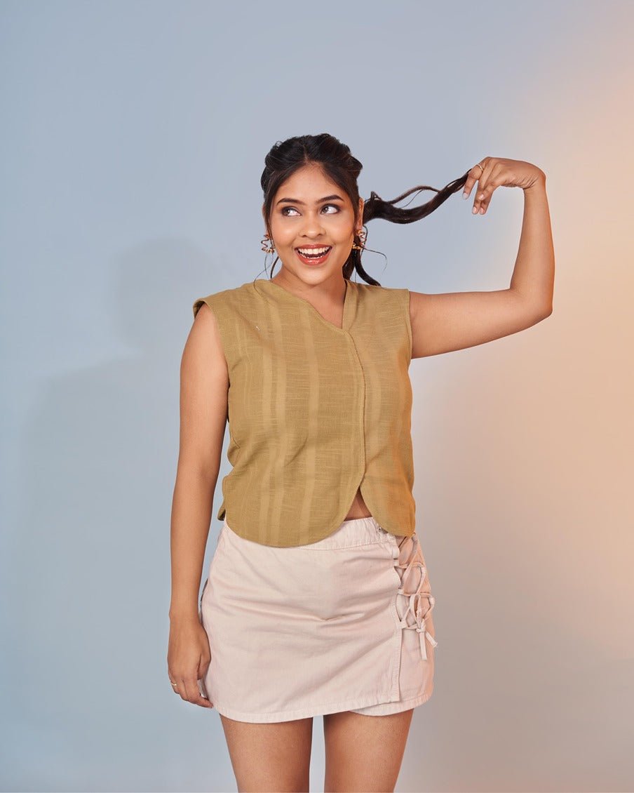 Earthy Green Women’s Casual Hemp Crop Top – Womens Top on Brown Living™. SKU: HGTM. Img 1.