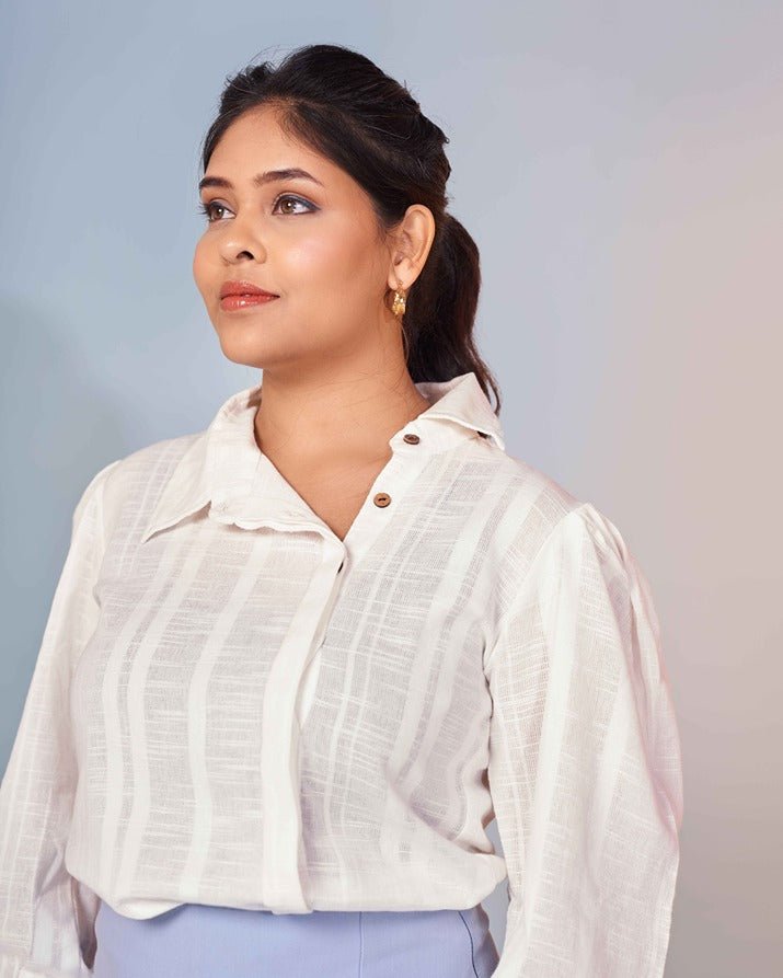 Easy Breezy Classic White Asymmetrical Hemp Shirt for Women – Womens Shirt on Brown Living™. SKU: HSL. Img 3.