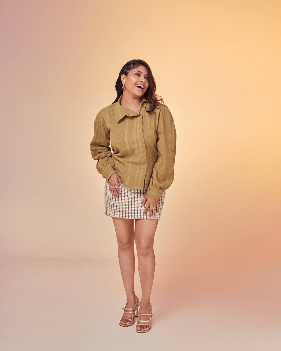 Easy Breezy Earthy Green Asymmetrical Hemp Shirt for Women – Womens Shirt on Brown Living™. SKU: HGSS. Img 1.