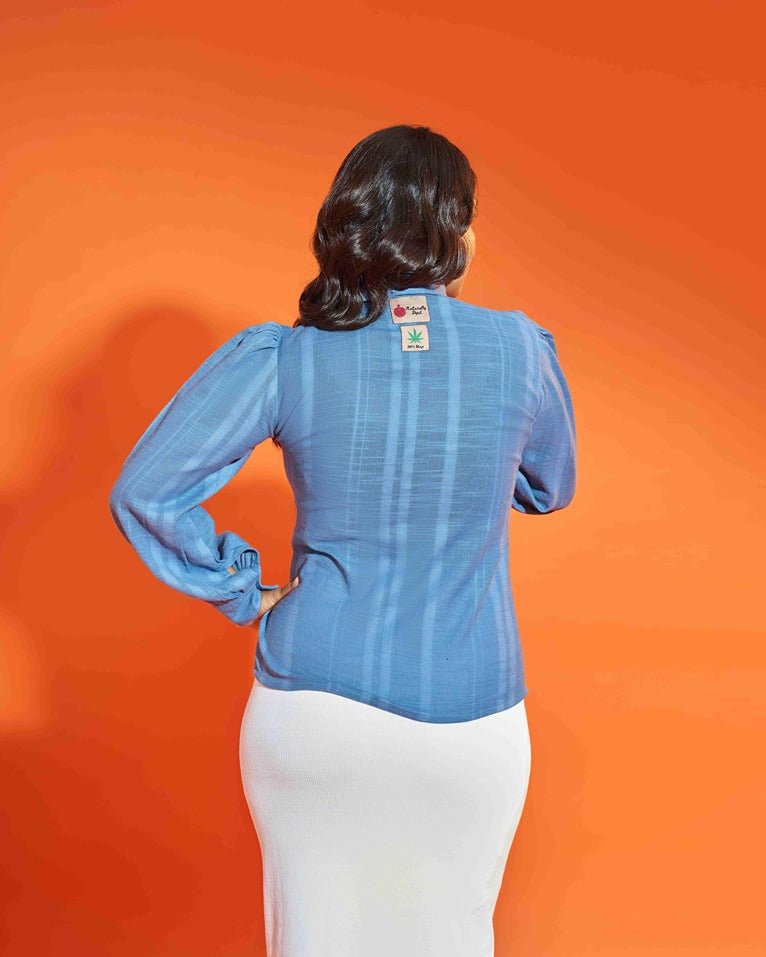 Easy Breezy True Blue Asymmetrical Hemp Shirt for Women – Womens Shirt on Brown Living™. SKU: HBSXL. Img 3.