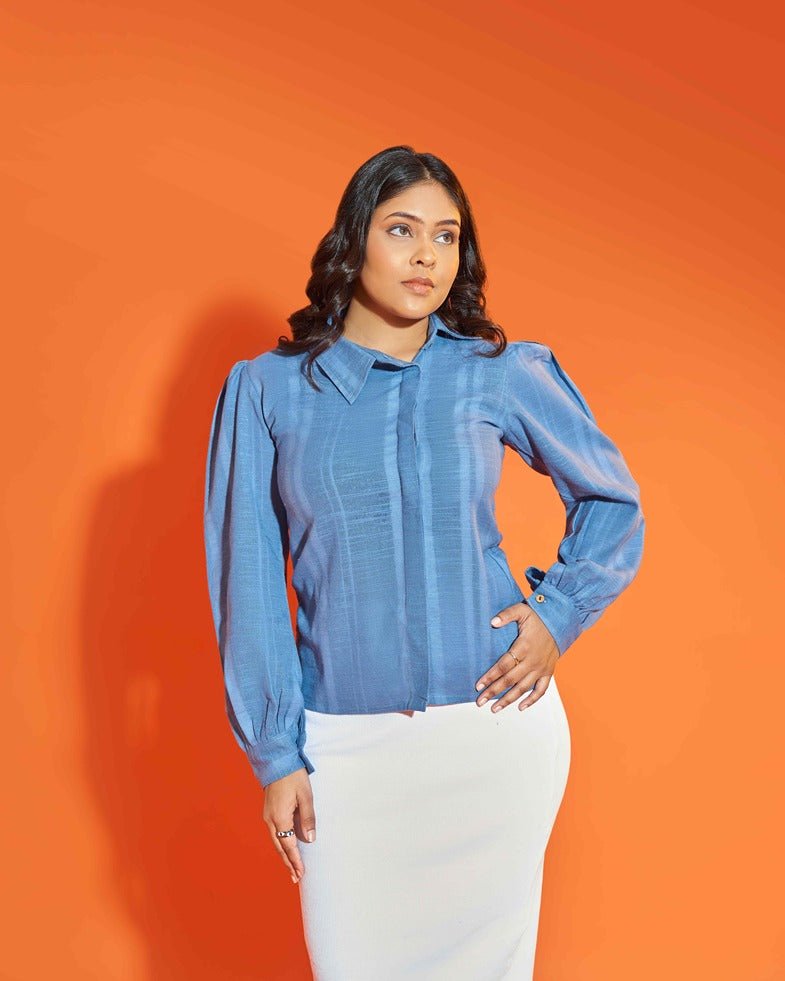 Easy Breezy True Blue Asymmetrical Hemp Shirt for Women – Womens Shirt on Brown Living™. SKU: HBSXL. Img 1.