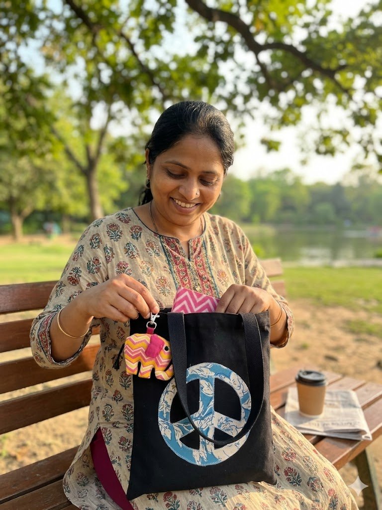 Eco - Friendly Black Applique Tote Bag (Peace) | Handmade, Spacious – Tote Bag on Brown Living™. SKU: 17091026204. Img 4.