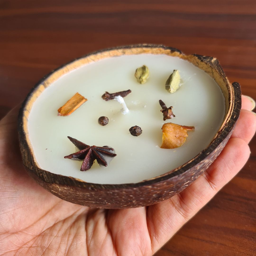 Eco - Friendly Coconut Shell Spice Candle/Diya Scented Soy Wax (Set of 2) – Candles & Fragrances on Brown Living™. SKU: SPICECANDLE - 2. Img 3.