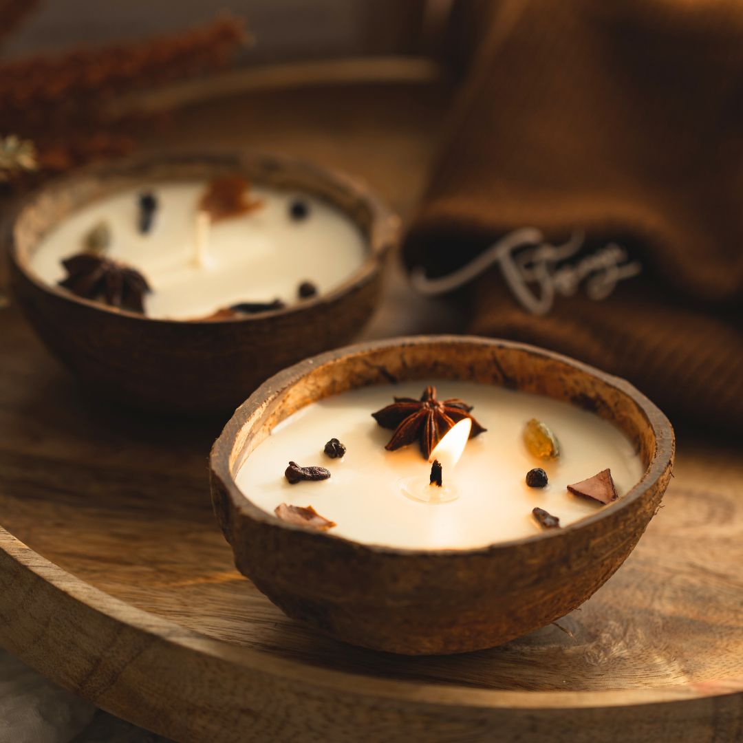 Eco - Friendly Coconut Shell Spice Candle/Diya Scented Soy Wax (Set of 2) – Candles & Fragrances on Brown Living™. SKU: SPICECANDLE - 2. Img 1.