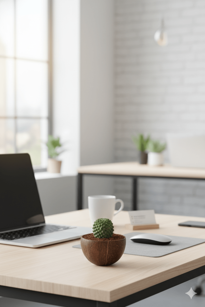 Eco - Friendly Desk Plant Setup | Coconut Shell Planter – Indoor Plants on Brown Living™. SKU: KOTT023. Img 1.