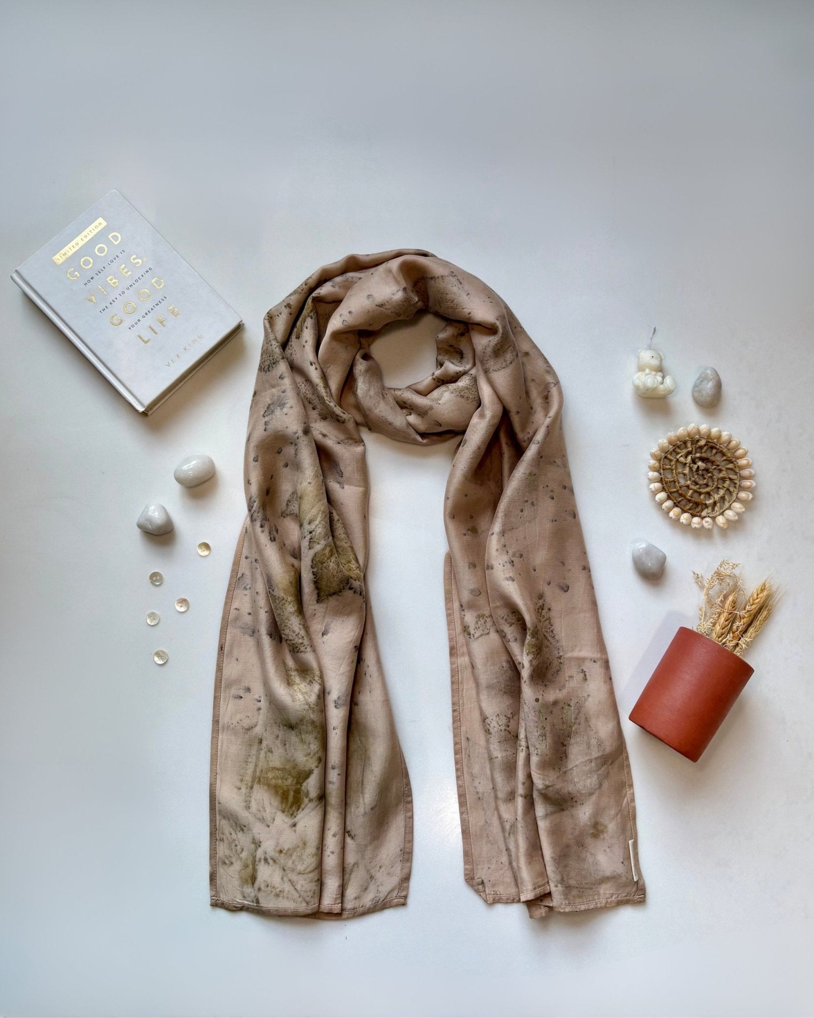 Eco - Printed Blush Drift Scarf | Eco - Friendly Handloom Cotton Wrap – Womens Scarf on Brown Living™. SKU: TCC-SW25-09. Img 2.
