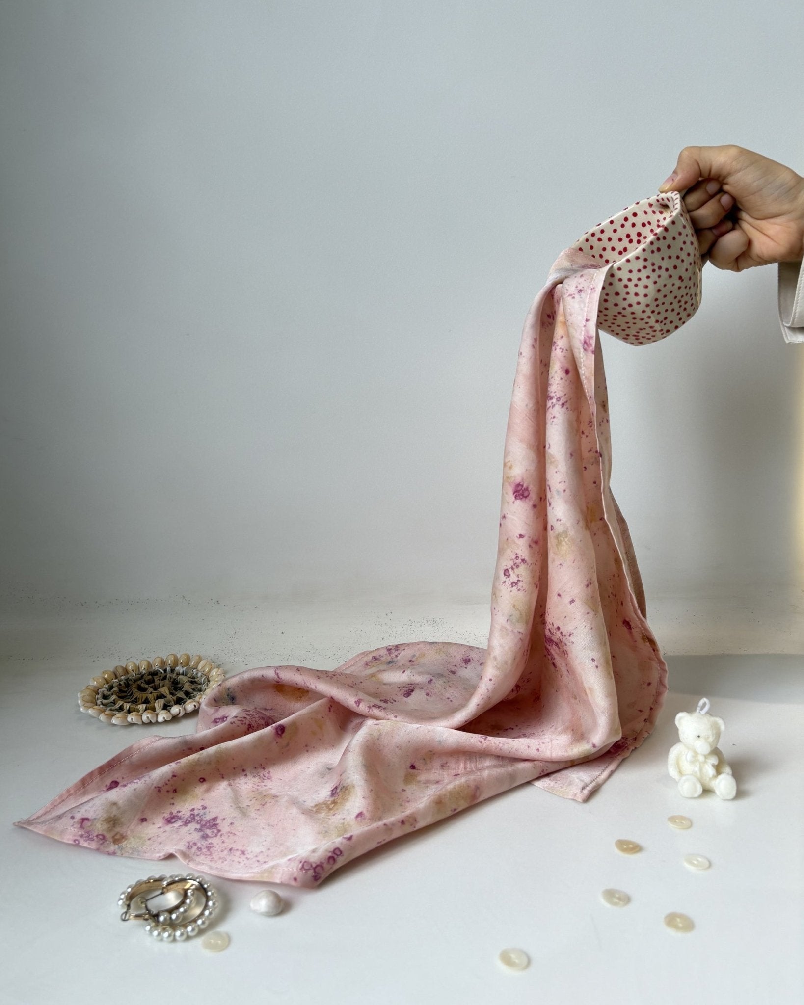 Eco - Printed Rose Bloom Bandana | Natural Hand - Dyed Cotton Scarf – Womens Scarf on Brown Living™. SKU: TCC-SW25-07. Img 4.