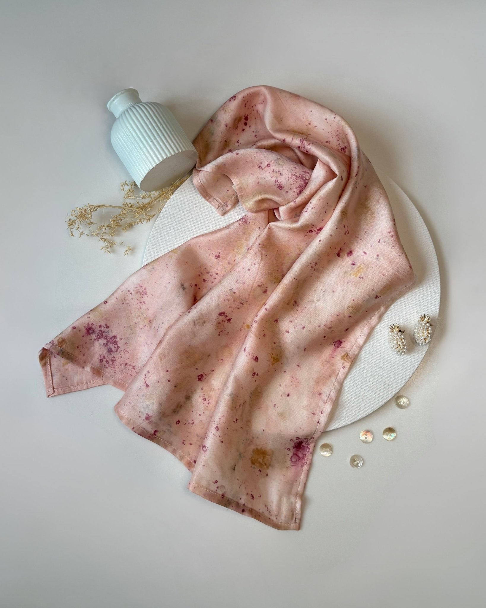 Eco - Printed Rose Bloom Bandana | Natural Hand - Dyed Cotton Scarf – Womens Scarf on Brown Living™. SKU: TCC-SW25-07. Img 5.