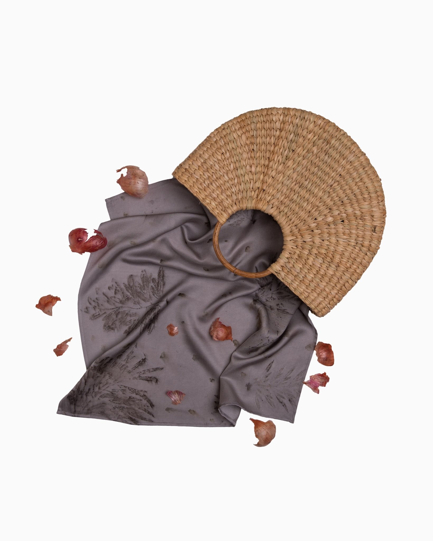 Eco - Printed Silver Meadow Bandana | Ethical & Sustainable Fashion – Womens Scarf on Brown Living™. SKU: TCC-AW22-79. Img 1.