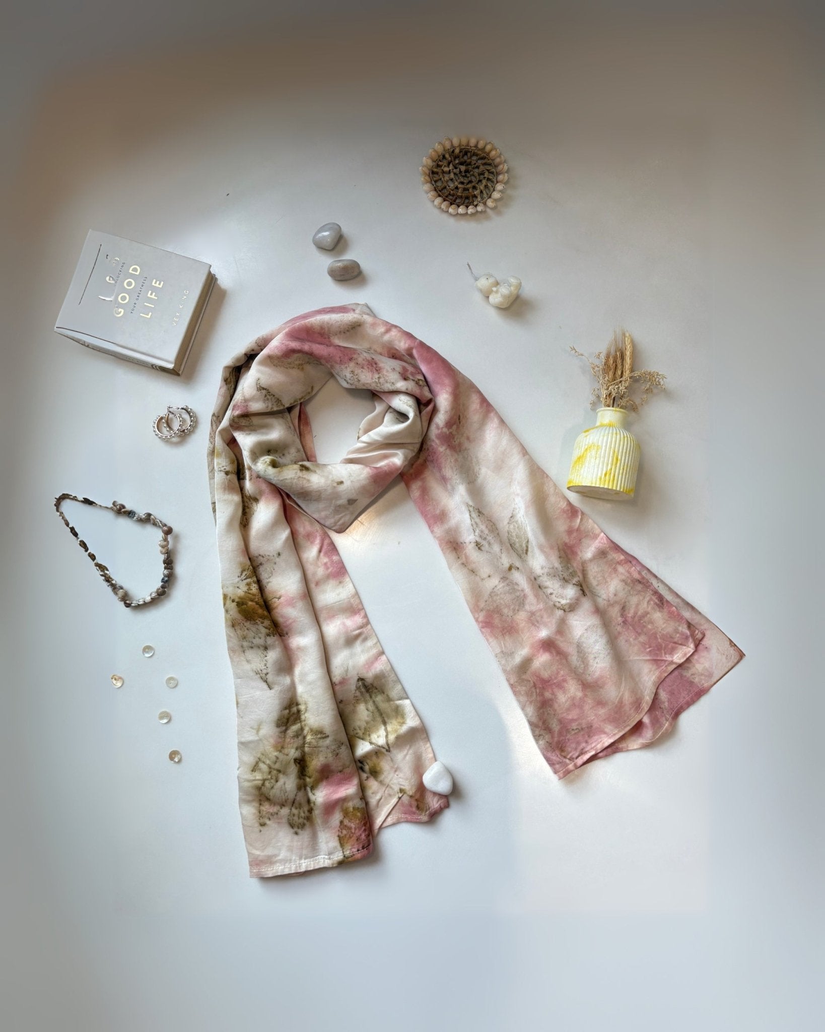 Eco - Printed Softly Rooted Scarf | Natural Botanical Dyed Cotton – Womens Scarf on Brown Living™. SKU: TCC-SW25-10. Img 2.