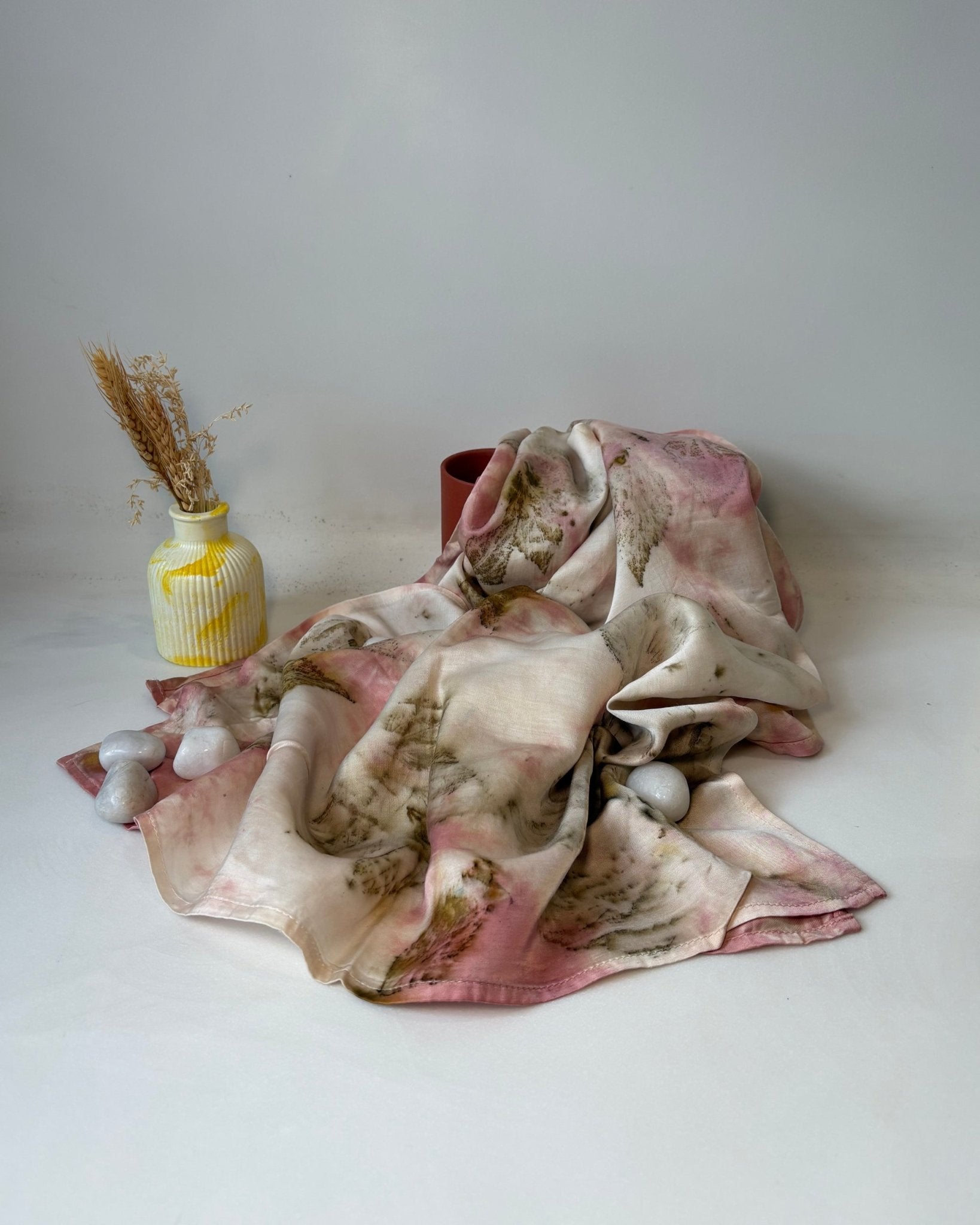 Eco - Printed Softly Rooted Scarf | Natural Botanical Dyed Cotton – Womens Scarf on Brown Living™. SKU: TCC-SW25-10. Img 3.